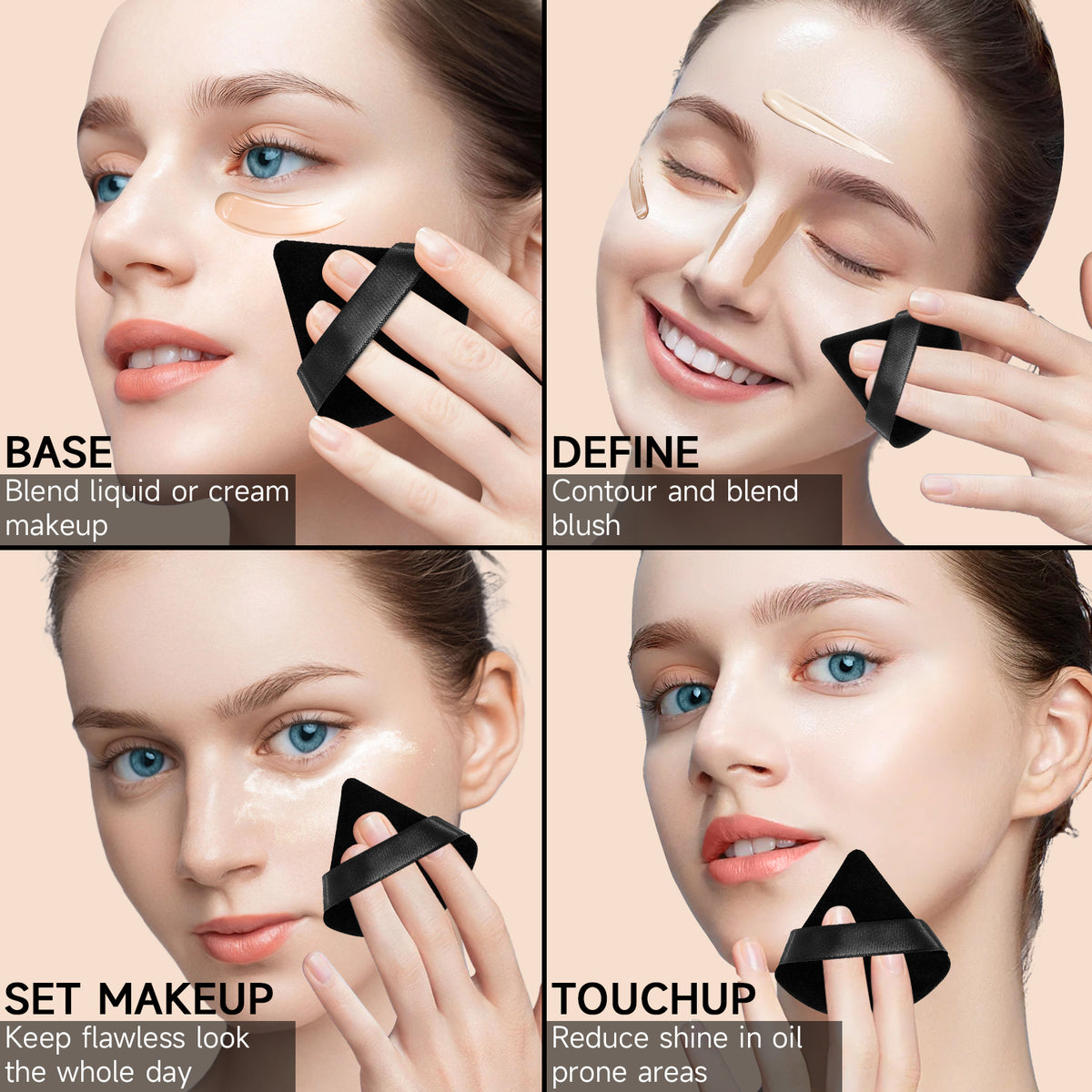 Huauoo 6 Pcs Triangle Velour Face Powder Puff Set with Case, Wet and Dry Use Beauty Makeup Tool