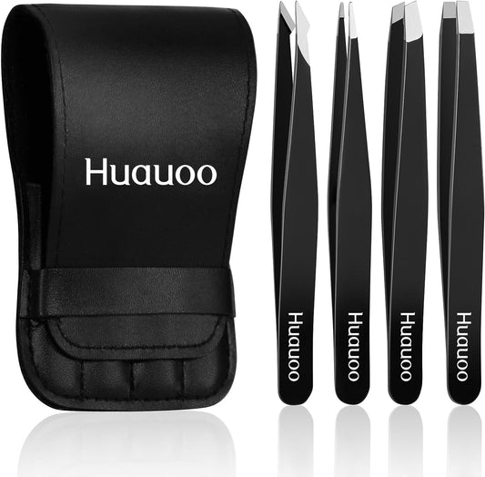 4 Pcs Tweezers Set, Stainless Steel Hair Removal Makeup Tool, Gift, Black