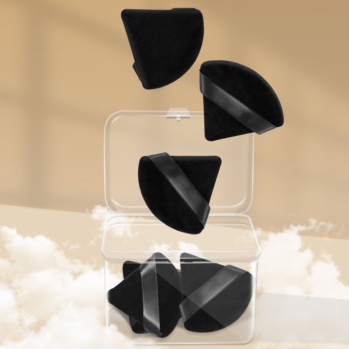 Huauoo 6 Pcs Triangle Velour Face Powder Puff Set with Case, Wet and Dry Use Beauty Makeup Tool