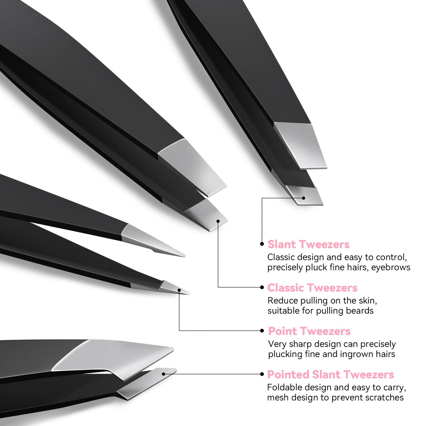 4 Pcs Tweezers Set, Stainless Steel Hair Removal Makeup Tool, Gift, Black