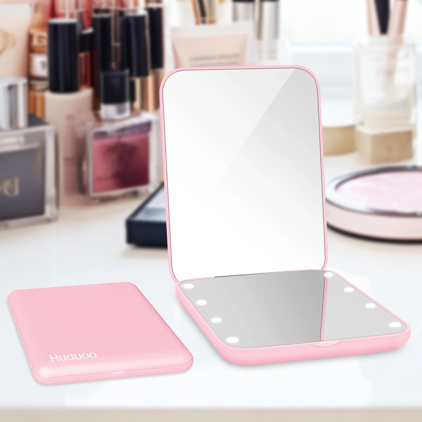 Huauoo Pocket Mirror, 1X/3X Magnification LED Compact Travel Makeup Mirror with Light