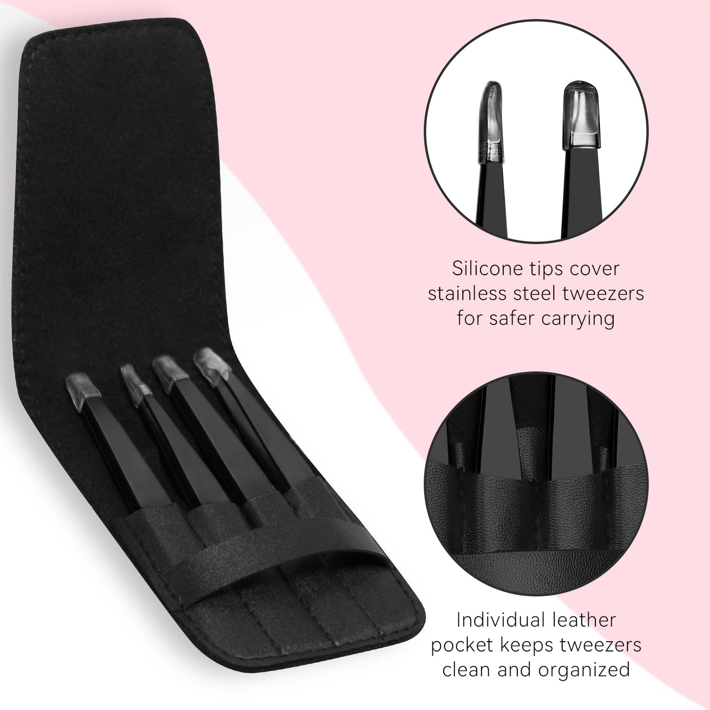 4 Pcs Tweezers Set, Stainless Steel Hair Removal Makeup Tool, Gift, Black