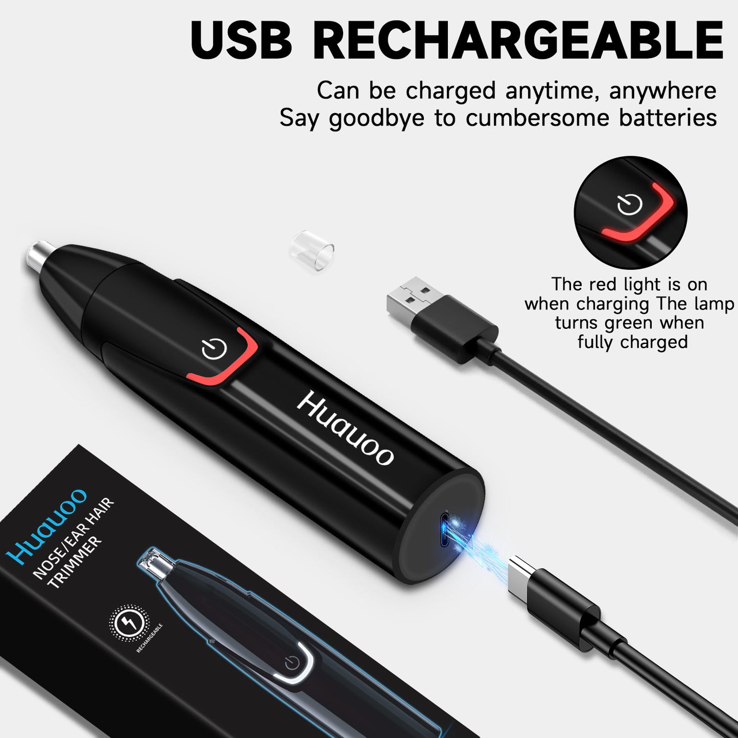 Huauoo Rechargeable Nose and Ear Trimmer, Unisex, Black