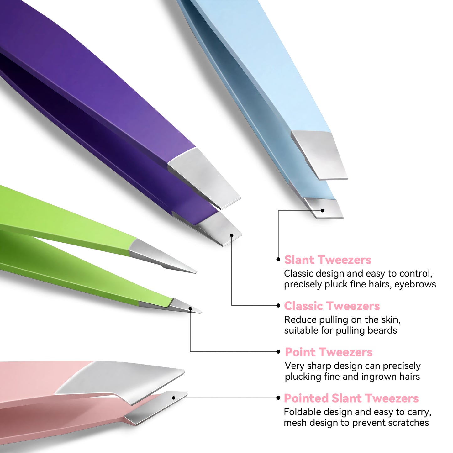 4 Pcs Tweezers Set, Stainless Steel Hair Removal Makeup Tool, Gift,Multicolor