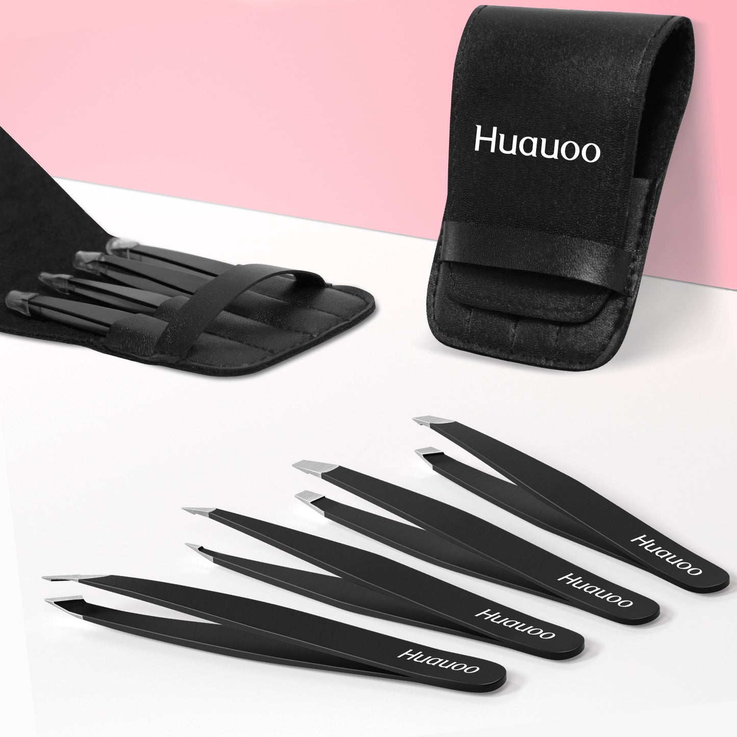 4 Pcs Tweezers Set, Stainless Steel Hair Removal Makeup Tool, Gift, Black